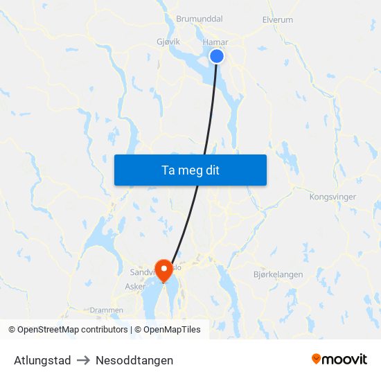 Atlungstad to Nesoddtangen map