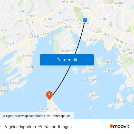 Vigelandsparken to Nesoddtangen map