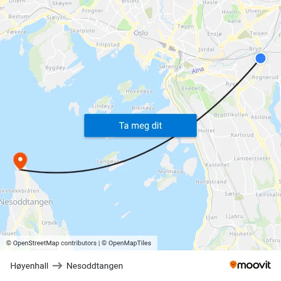 Høyenhall to Nesoddtangen map