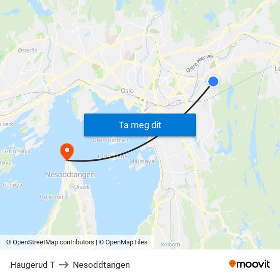 Haugerud T to Nesoddtangen map