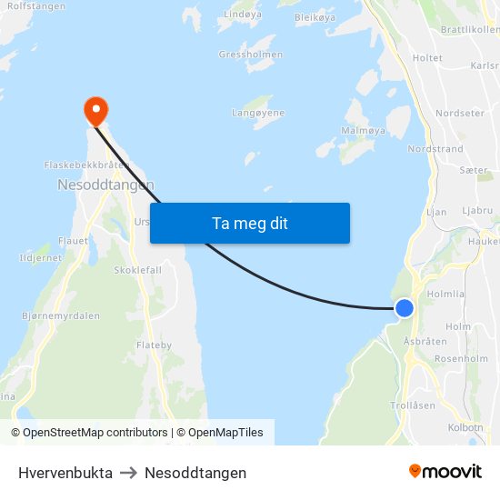 Hvervenbukta to Nesoddtangen map