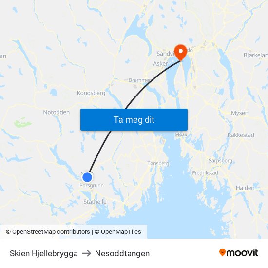 Skien Hjellebrygga to Nesoddtangen map