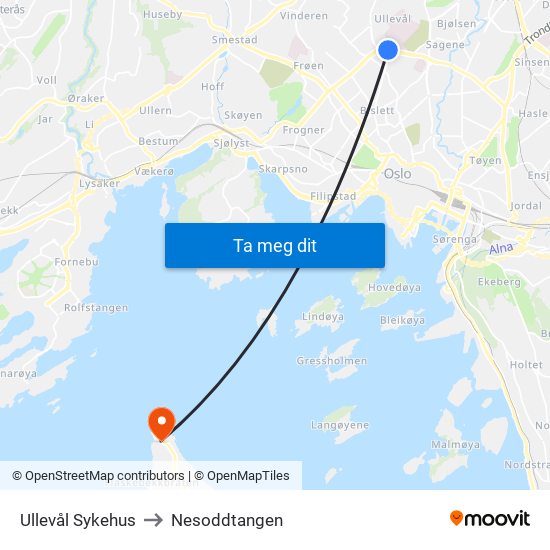 Ullevål Sykehus to Nesoddtangen map