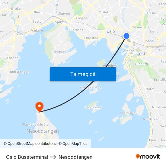 Oslo Bussterminal to Nesoddtangen map