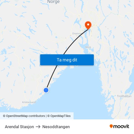Arendal Stasjon to Nesoddtangen map