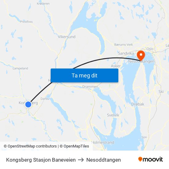 Kongsberg Stasjon Baneveien to Nesoddtangen map