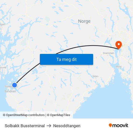 Solbakk Bussterminal to Nesoddtangen map