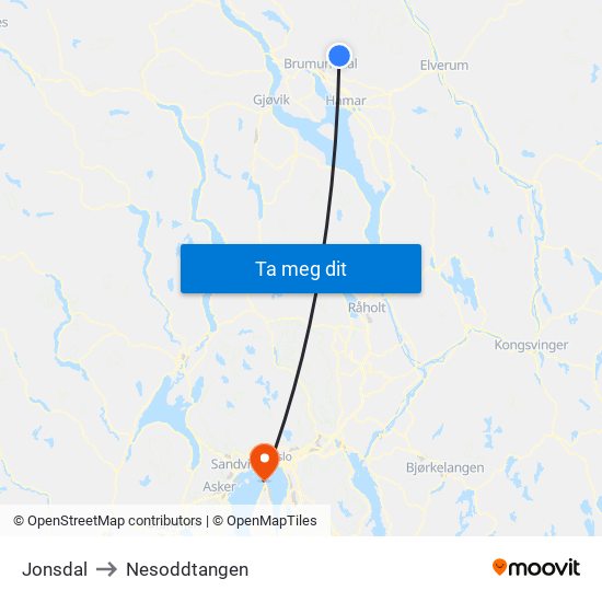 Jonsdal to Nesoddtangen map