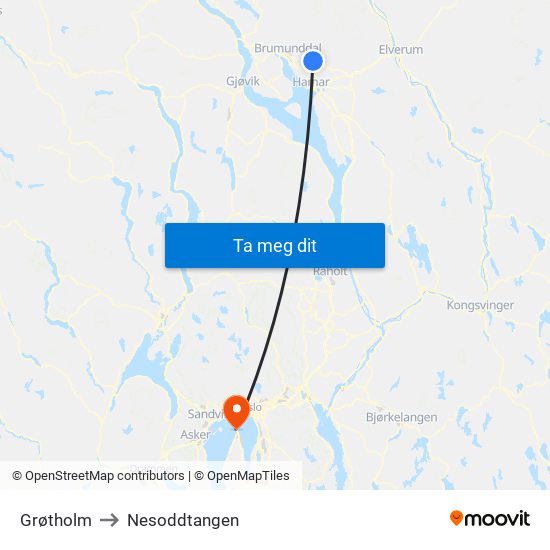 Grøtholm to Nesoddtangen map