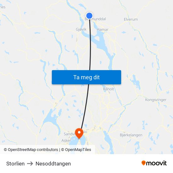 Storlien to Nesoddtangen map