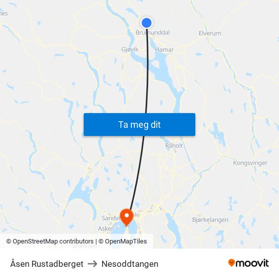 Åsen Rustadberget to Nesoddtangen map