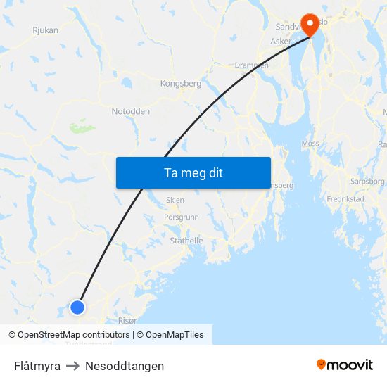 Flåtmyra to Nesoddtangen map