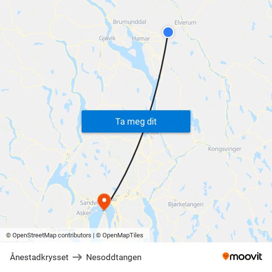 Ånestadkrysset to Nesoddtangen map