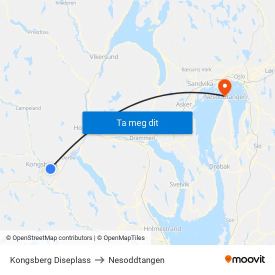 Kongsberg Diseplass to Nesoddtangen map