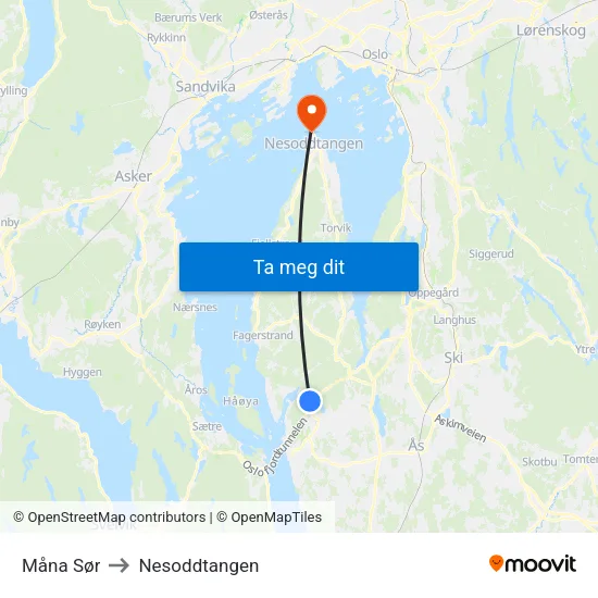 Måna Sør to Nesoddtangen map
