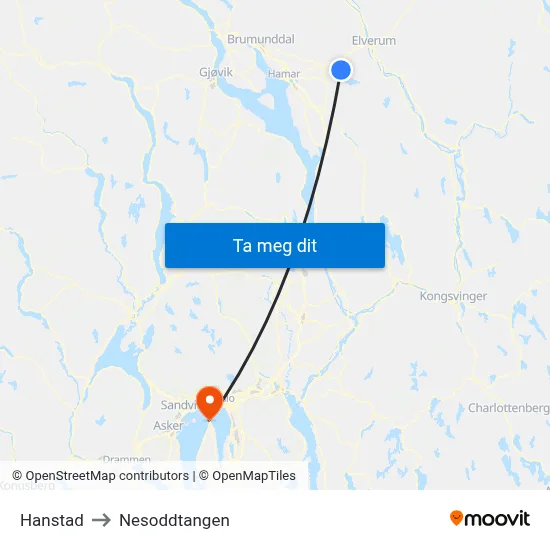 Hanstad to Nesoddtangen map