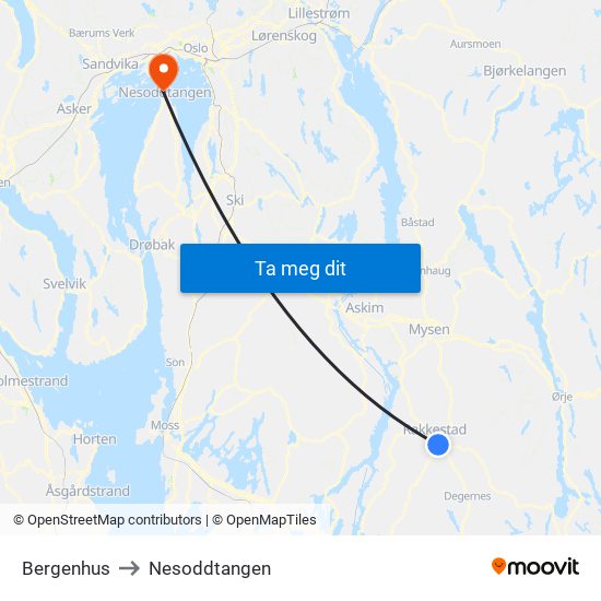 Bergenhus to Nesoddtangen map