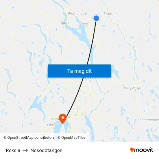 Reksla to Nesoddtangen map