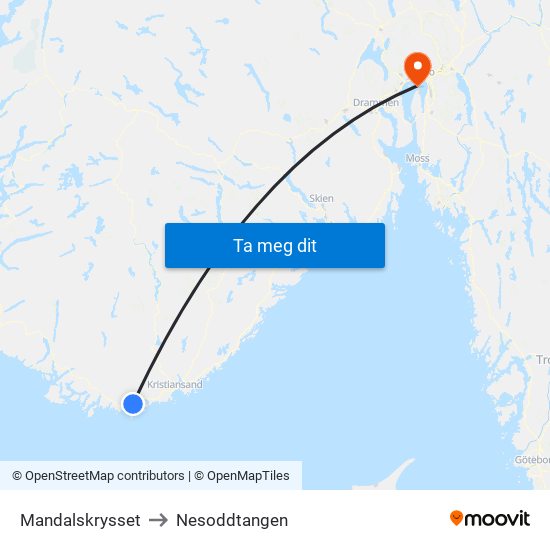 Mandalskrysset to Nesoddtangen map