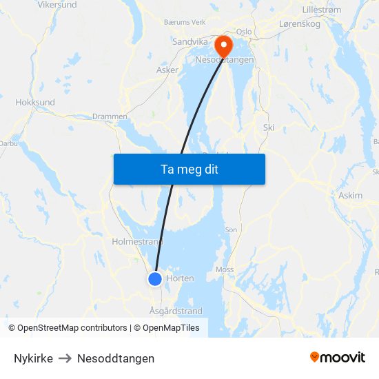 Nykirke to Nesoddtangen map