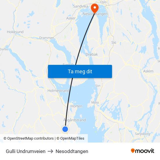 Gulli Undrumveien to Nesoddtangen map