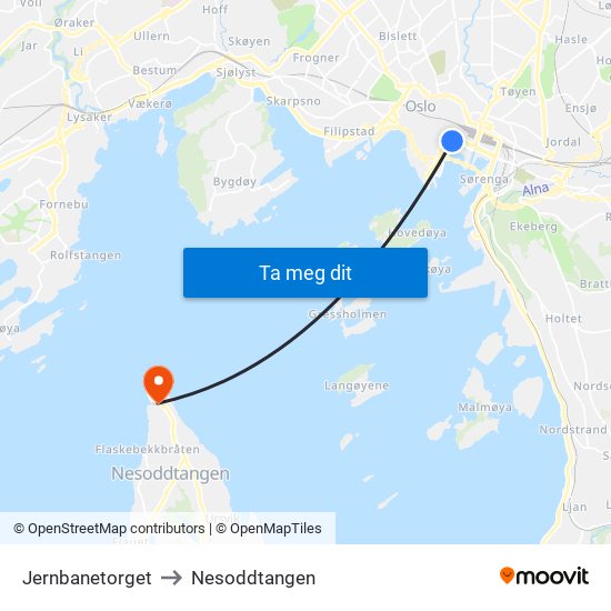Jernbanetorget to Nesoddtangen map