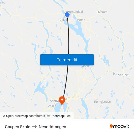 Gaupen Skole to Nesoddtangen map