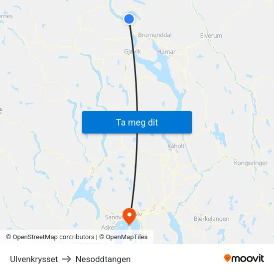 Ulvenkrysset to Nesoddtangen map