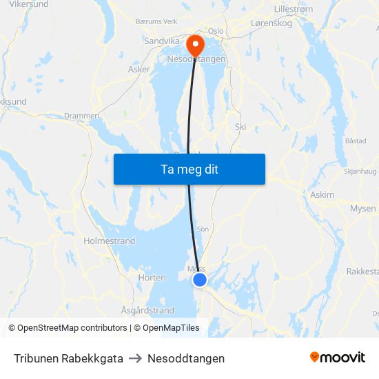 Tribunen Rabekkgata to Nesoddtangen map