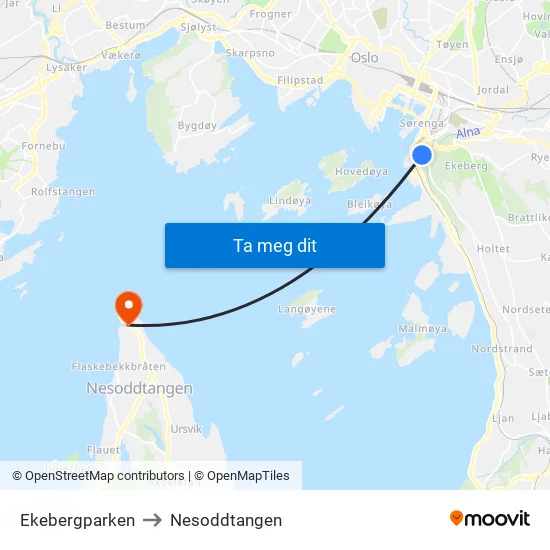 Ekebergparken to Nesoddtangen map