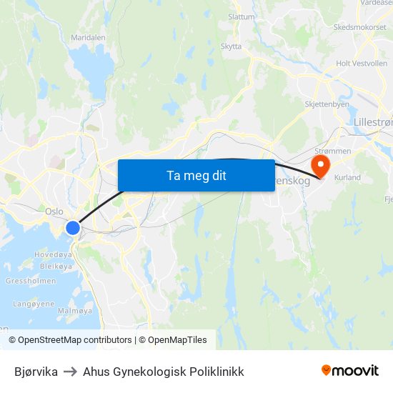 Bjørvika to Ahus Gynekologisk Poliklinikk map