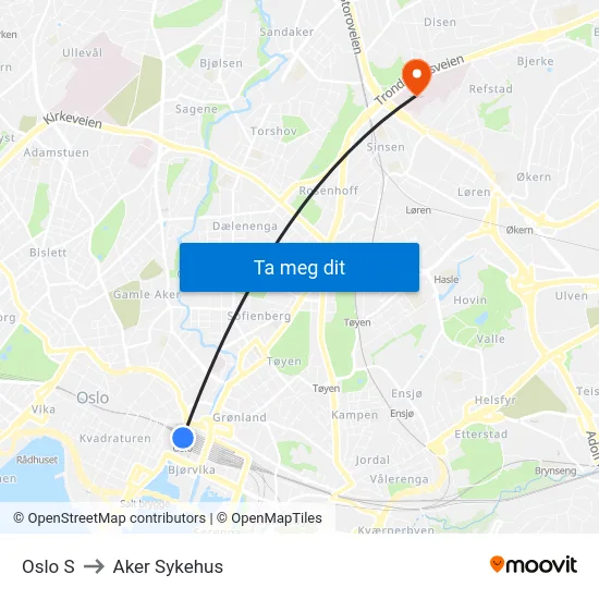 Oslo S to Aker Sykehus map
