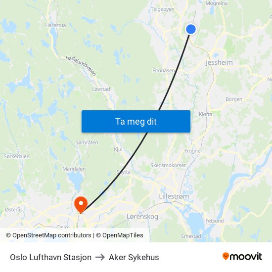 Oslo Lufthavn Stasjon to Aker Sykehus map