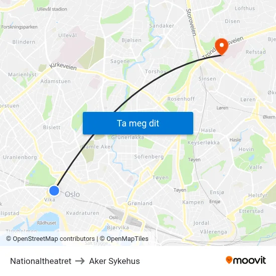 Nationaltheatret to Aker Sykehus map