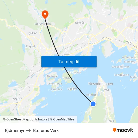 Bjørnemyr to Bærums Verk map