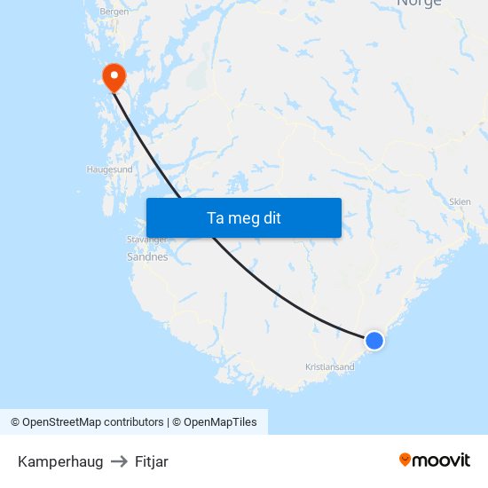 Kamperhaug to Fitjar map