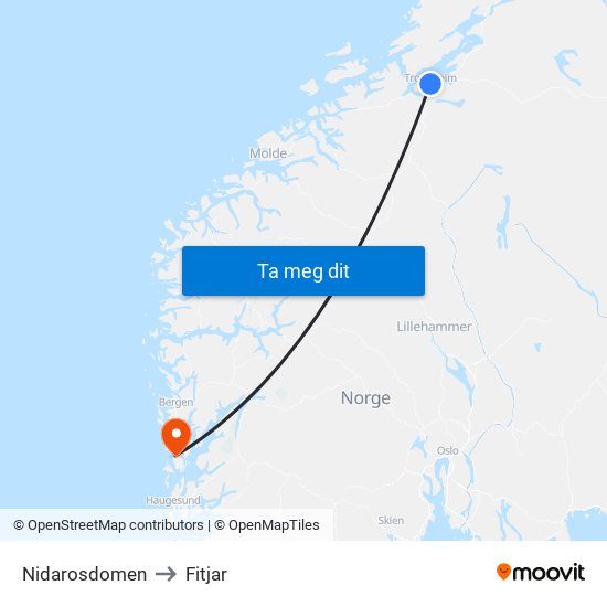 Nidarosdomen to Fitjar map