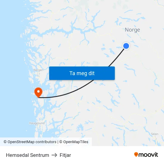 Hemsedal Sentrum to Fitjar map