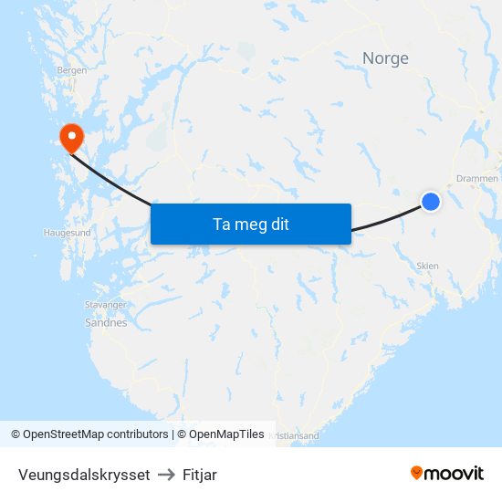 Veungsdalskrysset to Fitjar map