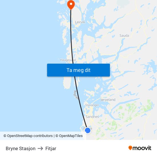 Bryne Stasjon to Fitjar map