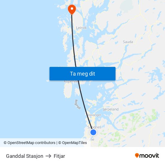 Ganddal Stasjon to Fitjar map