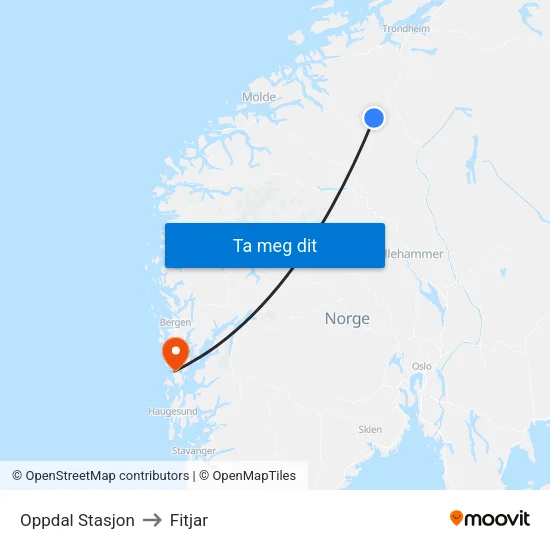 Oppdal Stasjon to Fitjar map
