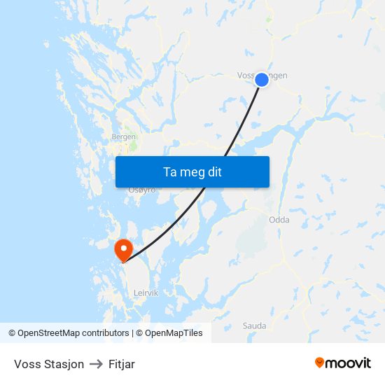 Voss Stasjon to Fitjar map