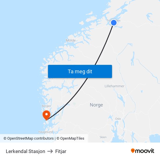 Lerkendal Stasjon to Fitjar map