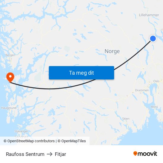 Raufoss Sentrum to Fitjar map