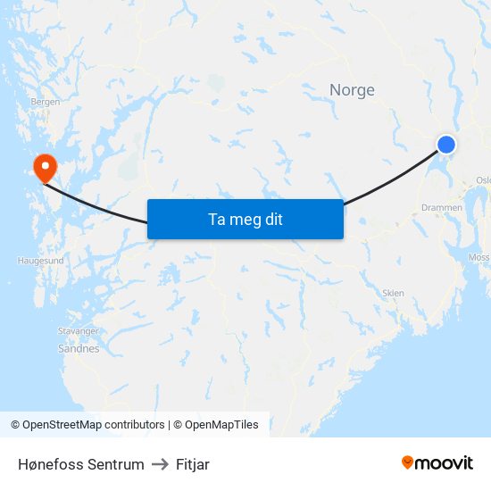 Hønefoss Sentrum to Fitjar map