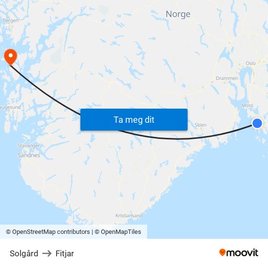 Solgård to Fitjar map