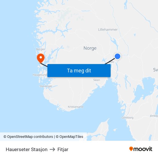 Hauerseter Stasjon to Fitjar map