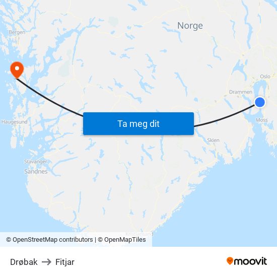 Drøbak to Fitjar map