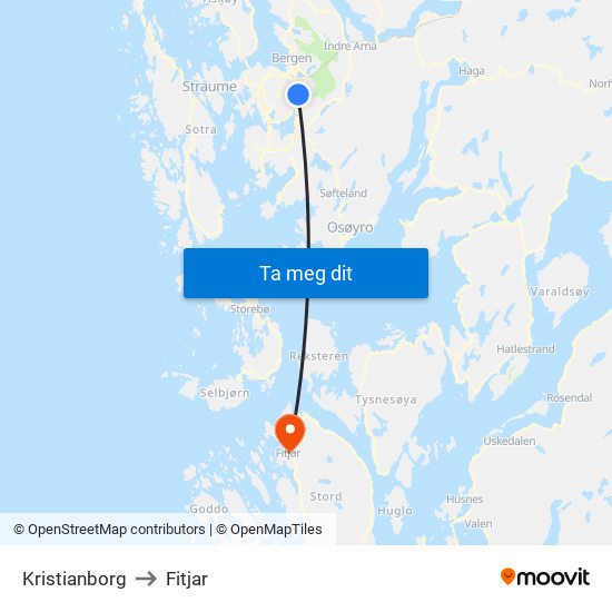 Kristianborg to Fitjar map